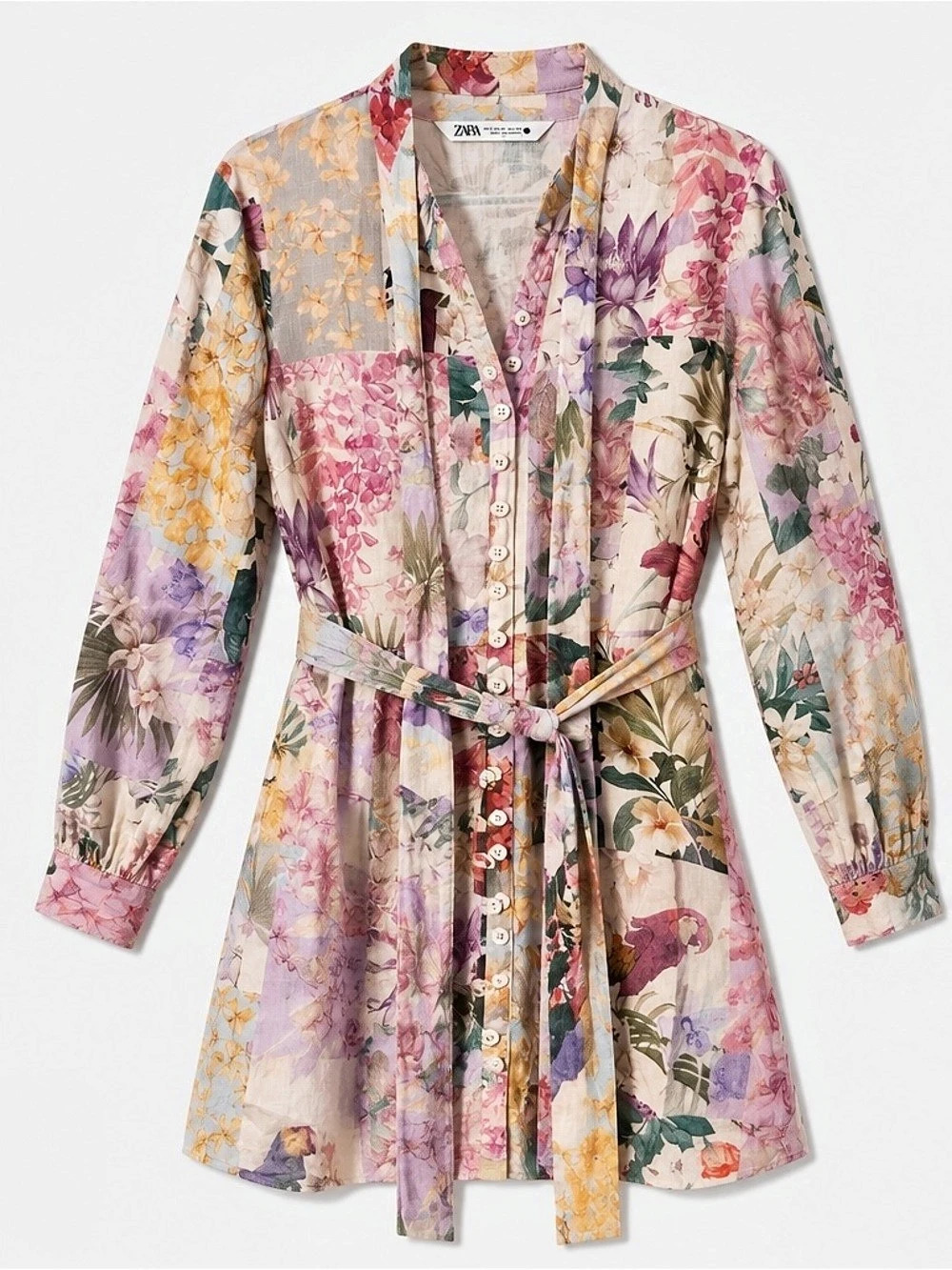 Zara Floral Print Linen Blend Dress Multicolor & Pink Medium Like New